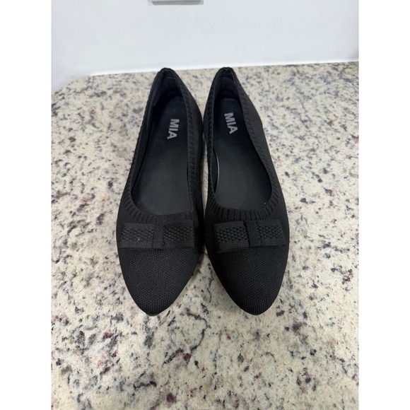 MIA Shoes - MIA Renhen Black Knit Pointed Toe Ballet Flats with Bow Detail Womens 9.5M